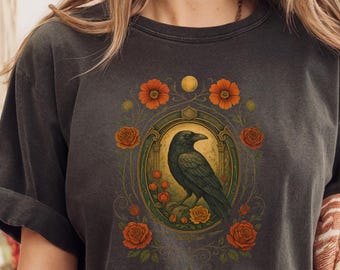 Maglietta Dark Academia da donna, maglietta Goth Gardener, incisione su legno di corvo, regalo letterario di Edgar Allan Poe, Dark Cottagecore gotico botanico