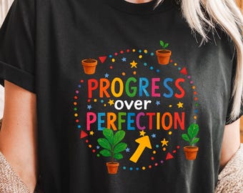 Koszulka Progress Over Perfection, koszulka z grafiką dla miłośników roślin, motywacyjny top