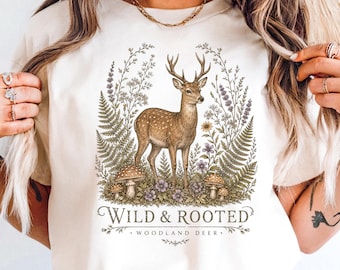 Deer Lover Gift, Woodland Animal Tee, Mystical Woodland Stag Art, Dark Cottagecore Tee, Vintage Mushroom Forest Nature Illustration