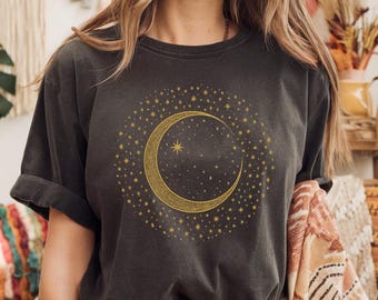 Comfort Colors Celestial Shirt, Dark Academia Moon Phase Tee, Witchy Astrology Gift, Mystical Starry Night Top, Spiritual Shirt