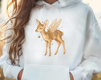 Gildan 18500 Cottagecore Fawn Hoodie, Mystical Deer Sweatshirt, Dark Academia Top, Celestial Winged Fawn, Fantasy Lover Gift
