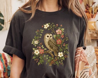 Comfort Colors Dark Cottagecore Owl Shirt, Vintage Botanical Tee, Dark Academia T-Shirt, Forestcore Top, Gift for Her