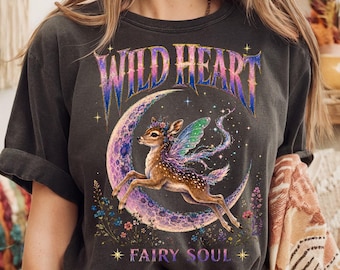 Fairycore Gift for Fawn Lover, Wild Heart Fairy Soul Shirt, Whimsical Winged Deer Crescent Moon Tee, Mystical Nature Vintage Art