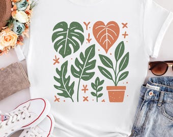Modern Botanical T-Shirt, Minimalist Plant Art, Boho Terracotta Top