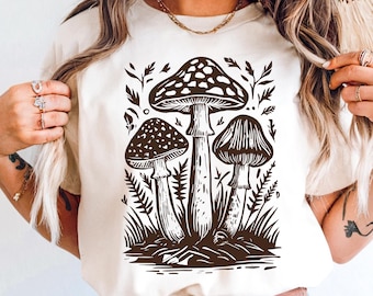 Vintage Mushroom Comfort Colors Shirt, Woodcut Fungi Tee, Goblincore Clothing, Linocut Toadstool, Botanical Nature Lover Gift, Retro Fall