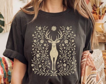 Comfort Colors Cottagecore Deer Shirt, Floral Stag Tee, Vintage Botanical Animal T-Shirt, Woodland Fairycore Top, Forest Nature Lover Gift