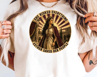 Biblical Women of Faith Tee, Queen Esther Purim Gift, She Risked Everything Vintage Medallion Art, OT Heroine Jewish Women Scripture Shirt