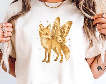 Fox Lover Gift, Mystical Winged Fox Shirt, Vintage Illustration Tee, Celestial Moth Wings, Fairycore Dark Academia Gift Comfort Colors