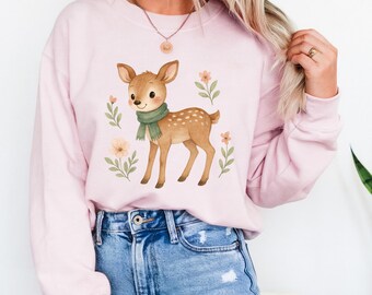 Cute Fawn Tee, Watercolor Baby Deer Shirt, Cottagecore Woodland Crewneck, Cozy Winter Christmas Gift for Nature Girl and Deer Lover