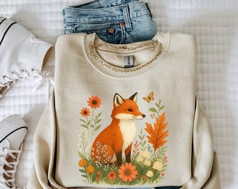 Moletom Cottagecore Fox, Blusa de gola redonda Woodland, Suéter botânico de outono, Roupas Forestcore, Presente para ela que ama a natureza