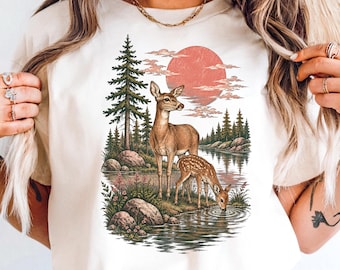 Fawn Lover Gift, Doe and Fawn Lake Art Vintage Engraving Tee, Pink Sunset Pine Forest Cottagecore Shirt, Woodland Nature Lover Birthday Gift