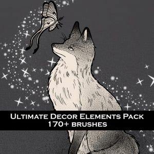 Peut inclure: Illustration en noir et blanc d'un renard regardant un papillon, avec un fond étoilé. Le texte "ULTIMATE DECOR ELEMENTS PACK 170+ BRUSHES" est visible en bas de l'image.