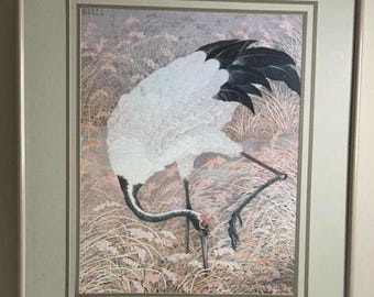 Vintage Japanese Crane Artwork Framed & Matted 33x39 Rice Field Scene