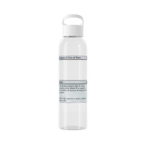 May include: A clear water bottle with a white cap and handle. The bottle has text that reads "Decanter of 21oz of Water". Additional text describes the artifact's properties. The bottle is designed to hold 21 fluid ounces of water.