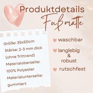 May include: A product details page with the word "Fu&szlig;matte" (doormat) in script. The page lists the doormat's size as 35x50cm (13.8x19.7 inches), thickness 2-3 mm, and material composition: 100% polyester top, rubberized bottom. Features include washable, durable, and non-slip.