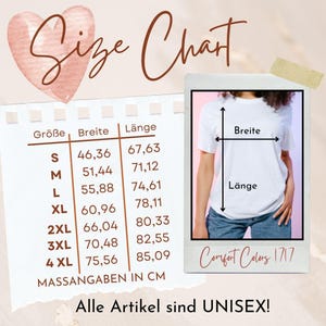 May include: A size chart with measurements in centimeters for unisex clothing. The chart includes sizes S to 4XL, with width and length measurements. A person is wearing a white t-shirt in a photo. The text "Comfort Colors 1717" is also visible.