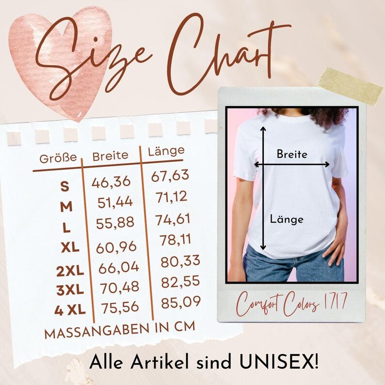 May include: A size chart with measurements in centimeters for unisex clothing. The chart includes sizes S to 4XL, with width and length measurements. A person is wearing a white t-shirt in a photo. The text "Comfort Colors 1717" is also visible.