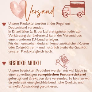 May include: A graphic with the word "Versand" and a drawing of a delivery truck. Text in German describes shipping details, including that products are usually shipped from Germany and embroidered items are made in a European partner embroidery shop.