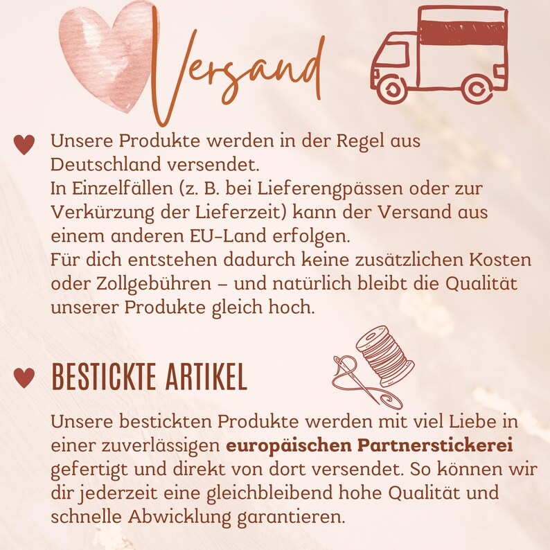 May include: A graphic with the word "Versand" and a drawing of a delivery truck. Text in German describes shipping details, including that products are usually shipped from Germany and embroidered items are made in a European partner embroidery shop.