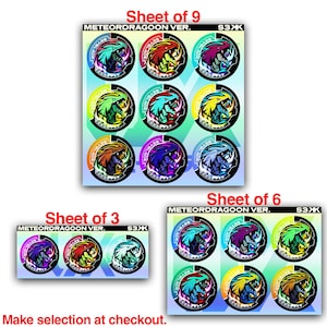 May include: A sticker sheet featuring circular Beyblade MeteorDragoon designs in various colors including red, blue, green, yellow, and purple. The text METEORDRAGOON VER. S3XK is printed at the top of each sheet. Options include a sheet of 9, 6, or 3.