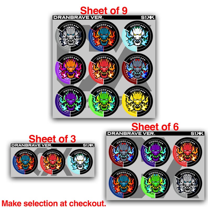Puede incluir: Una colecci&oacute;n de pegatinas circulares etiquetadas DRANBRAVE VER. S1XK con cabezas de drag&oacute;n estilizadas rodeadas de llamas en varios colores, incluyendo rojo, azul, morado, verde, amarillo y blanco, presentadas en tres hojas de 3, 6 y 9.