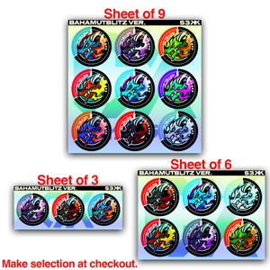 Puede incluir: Una colecci&oacute;n de hojas de pegatinas etiquetadas como BAHAMUTBLITZ VER. S3XK, con dise&ntilde;os circulares de cabezas de drag&oacute;n estilizadas en varias combinaciones de colores que incluyen rojo, azul, verde, morado y naranja, en sets de tres, seis y nueve.