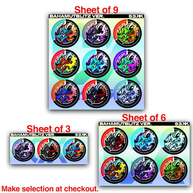 Puede incluir: Una colecci&oacute;n de hojas de pegatinas etiquetadas como BAHAMUTBLITZ VER. S3XK, con dise&ntilde;os circulares de cabezas de drag&oacute;n estilizadas en varias combinaciones de colores que incluyen rojo, azul, verde, morado y naranja, en sets de tres, seis y nueve.