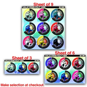 Puede incluir: Una colecci&oacute;n de hojas de pegatinas etiquetadas como VALKYRIEVOLT VER. S1XK con dise&ntilde;os circulares de Beyblade. Las hojas contienen 3, 6 o 9 pegatinas cada una, mostrando varias combinaciones de colores de alas y emblemas centrales.