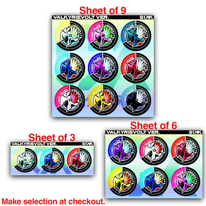 Puede incluir: Una colecci&oacute;n de hojas de pegatinas etiquetadas como VALKYRIEVOLT VER. S1XK con dise&ntilde;os circulares de Beyblade. Las hojas contienen 3, 6 o 9 pegatinas cada una, mostrando varias combinaciones de colores de alas y emblemas centrales.