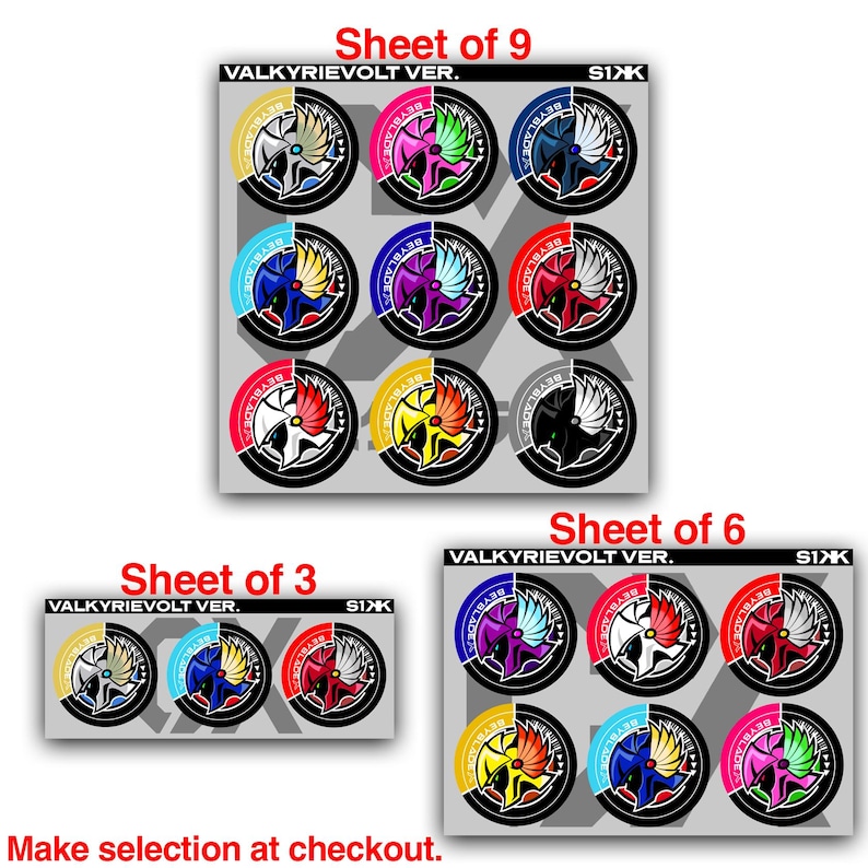 Puede incluir: Una colecci&oacute;n de hojas de pegatinas Valkyrievolt Ver. con dise&ntilde;os circulares de Beyblade en varias combinaciones de colores. Las hojas est&aacute;n disponibles en juegos de tres, seis o nueve pegatinas, cada una con el texto Valkyrievolt Ver. y S1XK.