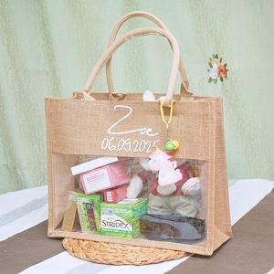 Personalisierte Jutebeutel, Strandtasche mit Namen, Brautduschtasche, Brautjungfer Geschenktasche mit Namensanhänger, Strandtasche Bachelorette, Tasche für Frauen