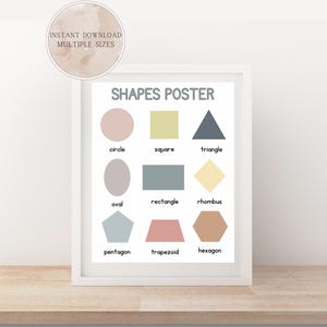 May include: A framed "Shapes Poster" with various geometric shapes in pastel colors. The poster includes a circle, square, triangle, oval, rectangle, rhombus, pentagon, trapezoid, and hexagon. Text at the top reads "SHAPES POSTER". A circular graphic at the top left says "INSTANT DOWNLOAD MULTIPLE SIZES".