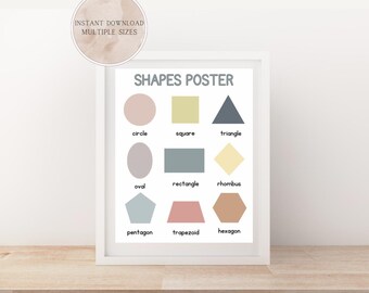 May include: A framed "Shapes Poster" with various geometric shapes in pastel colors. The poster includes a circle, square, triangle, oval, rectangle, rhombus, pentagon, trapezoid, and hexagon. Text at the top reads "SHAPES POSTER". A circular graphic at the top left says "INSTANT DOWNLOAD MULTIPLE SIZES".