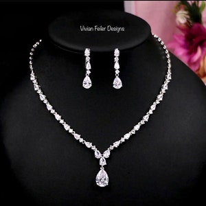 Jewelry SET for Bride Diamond Necklace and Earrings Set Wedding Jewelry Cubic Zirconia Teardrop Mother of the Bride PAGEANT