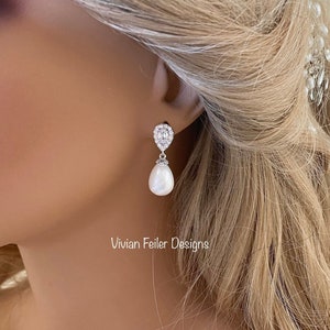 Bridal Pearl Earrings, Minimal Teardrop Cubic Zirconia Available in Silver, Rose Gold and Gold