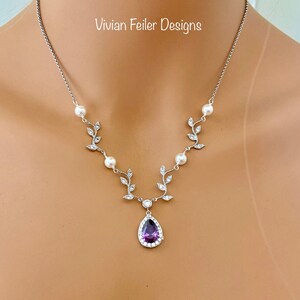 Wedding Necklace PURPLE Bridal VINE Necklace LAVENDER Bridal Jewelry White or Ivory Pearls Sterling Silver