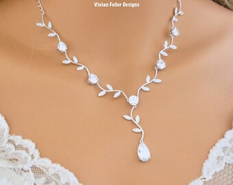 Bridal Jewelry Set VINE Wedding Necklace Earrings Silver or ROSE GOLD Cubic Zirconia