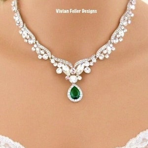EMERALD GREEN Wedding Necklace Bridal Necklace Crystal Tear Drop Jewelry Red Clear Green Statement Necklace