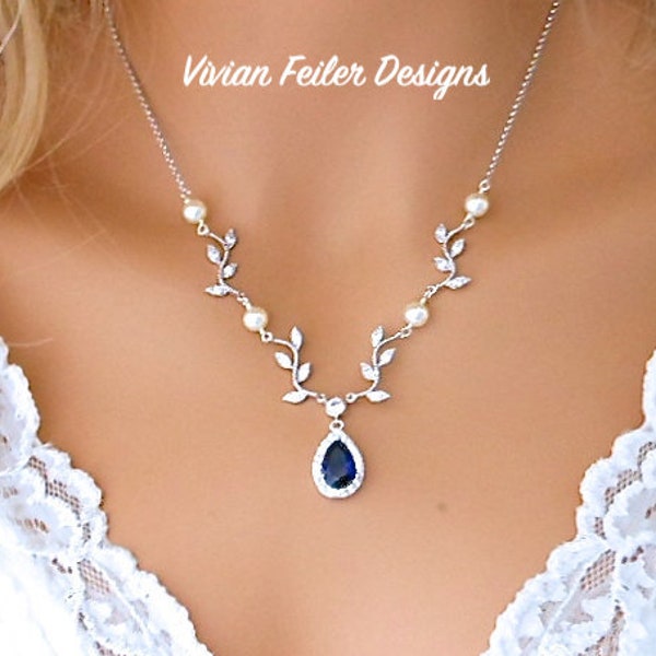 BLUE Sapphire Wedding Necklace VINE Bridal Pearl Necklace Y Bridal BACKDROP White or Ivory