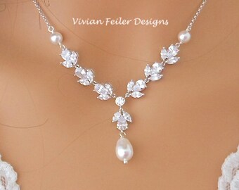 Wedding Necklace Crystal LEAF BACKDROP PEARL Bridal Y Necklace Cubic Zirconia