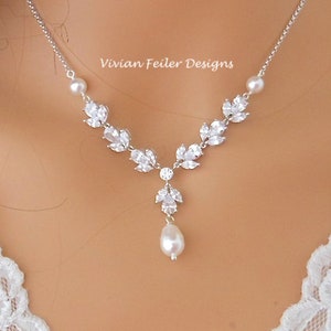 Wedding Necklace Crystal LEAF BACKDROP PEARL Bridal Y Necklace Cubic Zirconia