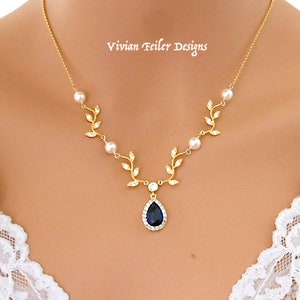 Sapphire and Yellow Gold Vine Necklace for Bride Pearl Bridal Wedding Necklace Jewelry Cubic Zirconia Mother of the Bride Maid of Honor