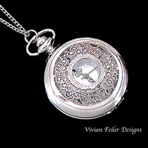 Pocket Watch Necklace SILVER VICTORIAN Style Lace Filigree Christmas Gifr Graduation Birthday