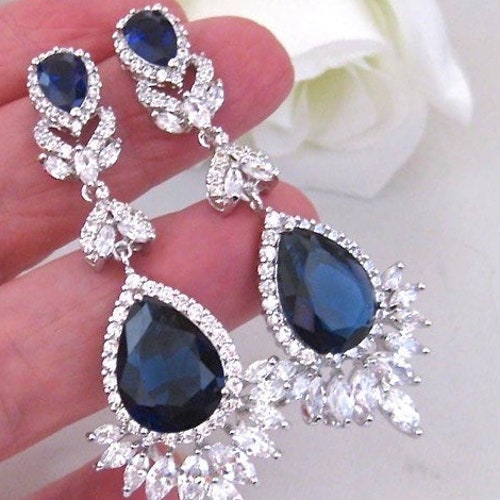 Blue Wedding Earrings SAPPHIRE BLUE Bridal Earrings STATEMENT - Etsy