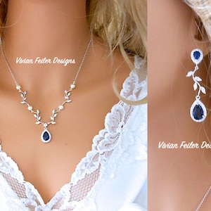 BLUE Sapphire Bridal Jewelry Set VINE Wedding Pearl Necklace and Earrings Y Bridal BACKDROP White or Ivory