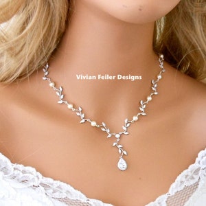 Wedding Necklace Pearl VINE Y Bridal available with Backdrop Cubic Zirconia Maid of Honor Mother of the Bride