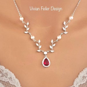 Wedding Necklace VINE Necklace RED Y Bridal Jewelry White or Ivory PEARLS Sterling Silver