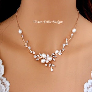 Rose Gold Jewelry Set Freshwater Pearl VINE Wedding Bridal Necklace and earrings Jewelry Cubic Zirconia