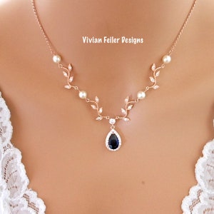Blue Sapphire Necklace VINE Rose Gold Bridal Wedding Necklace Jewelry White or Ivory PEARLS Cubic Zirconia
