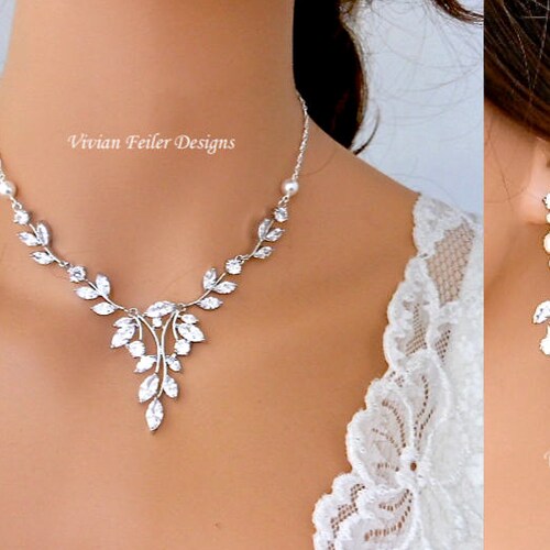 Crystal Necklace Set Silver Pearl Wedding Jewelry Set Etsy